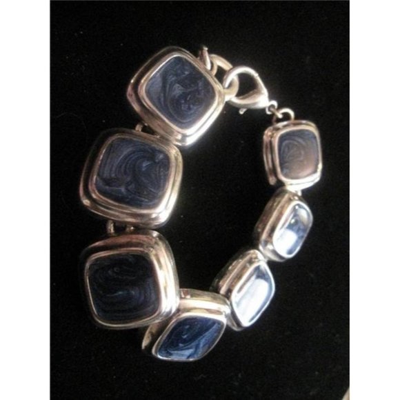 Modernist Sterling Silver & Marbled Deep Blue Enamel Signed Square Link Bracelet - Picture 3 of 10